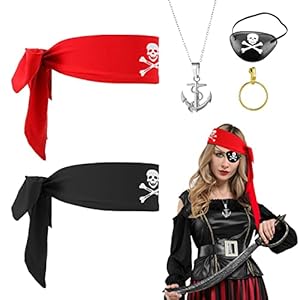 MIVAIUN 5 Piezas Accesorios para Disfraces de Piratas, Juego de Disfraces de Pirata, Bufanda de Cabeza, Parches de Ojos de Pirata,Collar de Pirata, Disfraz de Capitán Pirata para Halloween