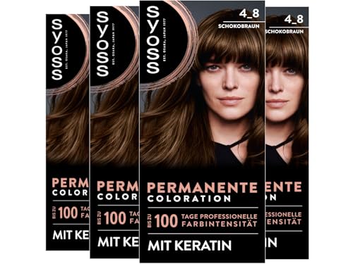SYOSS Coloration 4_8 Schokobraun (4x 115 ml), permanente Coloration mit Keratin verleiht bis zu 100 Tage professionelle Farbintensität, 100% Grauabdeckung