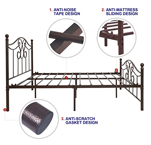 Tuseer Metal Bed Frame Queen Size With Vintage Headboard And Footboard Platform Base Wrought Iron Double Bed Frame (Full, Antique Brown). #TOP4