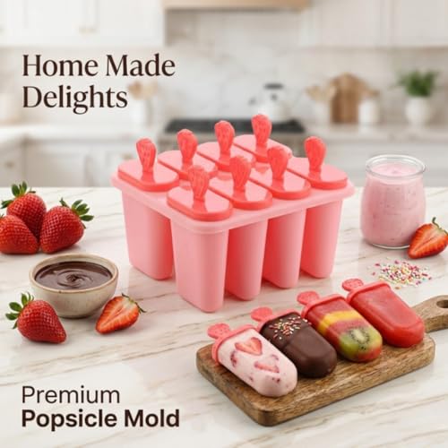 Image of BPA Free Ice Lolly and Kulfi Maker Set of 8 Reusable Popsicle Moulds Food Grade Plastic Ice Cream Popsicle Maker for Home Kitchen Multicolor (Coral Pink)