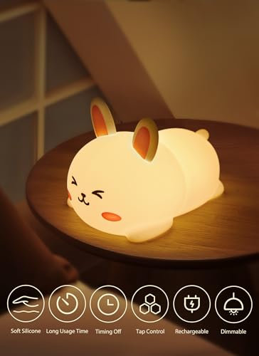 Minetom Bunny Night Light, Cute Silicone Night Light with 2 Levels Brightness, 7 Colors Kawaii Touch Lamp for Bedroom, Girls and Boys, Toddler, Baby Gifts (Tap Control)