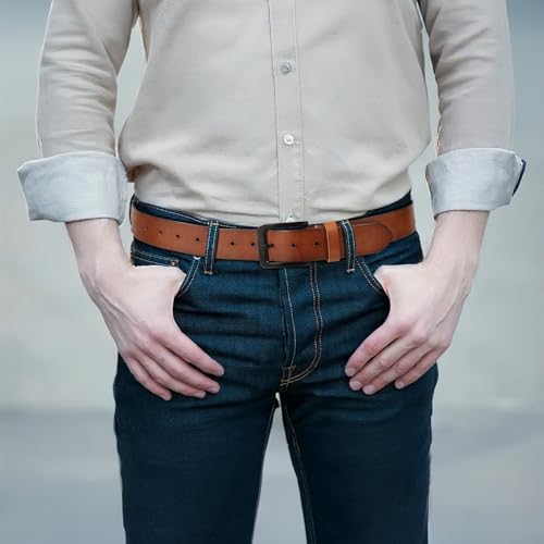 Image of Men's Leather Belt Full Grain Leather Belts for Men Handmade Real Solid Top-Grain Leather Heavy-Duty Work Belt Gifts