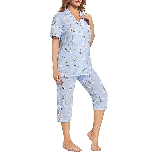 Image of Tugege Capri Pajamas Set Womens Button Down Short Sleeve Lounge Sets Sleepwear Notch Collar Top & Capri 2 Piece PJ Sets