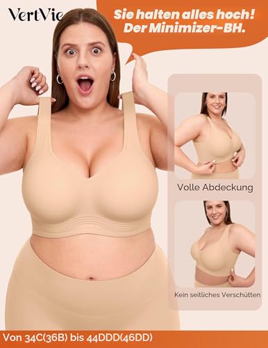 Vertvie Seamless BH Damen Große Brüste ohne Bügel Jelly Bra Push Up Minimizer Soft Bustier Nahtlose Bralette Breite Träger BH Volle Abdeckung(Haut,95F)