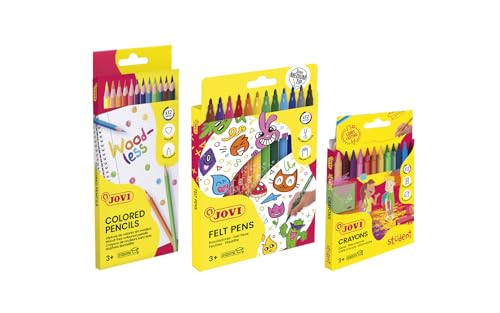 Jovi - Pack Escolar 36 Unidades, 12 Lápices de Colores, 12 Rotuladores Lavables, 12 Ceras, Material Escolar