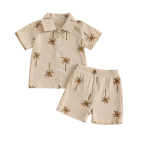 Image of Thorn Tree Toddler Boy Summer Clothes Button Down Shirt & Shorts 2Pcs Tree Printed Casual Beach Outfits