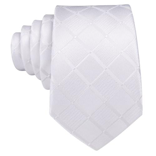Image of Barry.Wang Plaid Ties Check Mens Necktie Set with Handkerchief Cufflinks Classic Stripe, White Solid