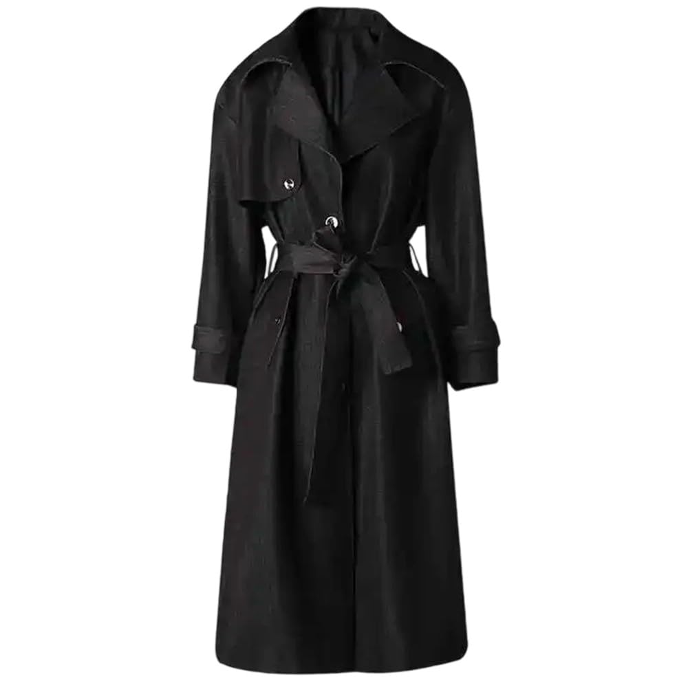 Womens Black Waisted Trench Coat Classic Single-Breasted Jacket With Tie-Down Pockets