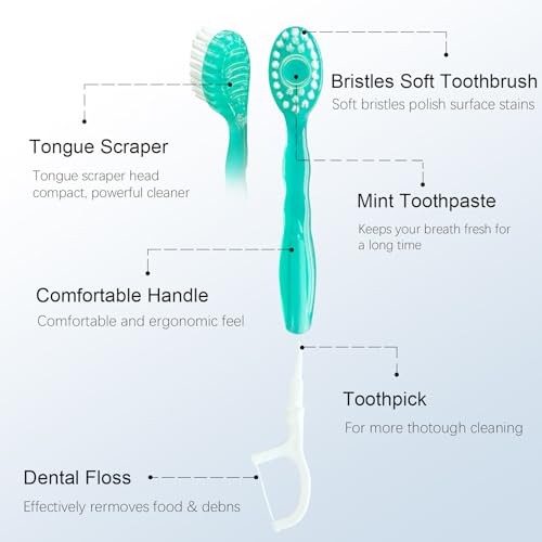 Image of 16 Pieces Disposable 5-in-1 Mini Travel on the Go Toothbrushes with Toothpaste Tongue Scrapers Floss Pick for Hotel or Travel (Pack of 16)