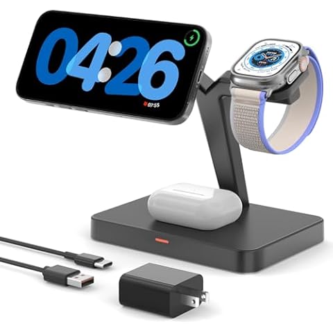3 in 1 Wireless Charging Station, Foldable Magnetic Wireless Charger Stand for Multiple Devices, Wireless Charger for iPhone 16/15/14/13/12, Apple Watch 9/8/7/6/SE/5/4/3/2, AirPods 3/2/Pro Cover
