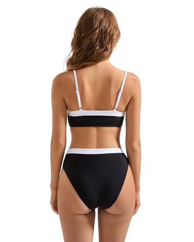 SUUKSESS Women Sexy Bandeau High Waited Two Piece Bikini Sets Cheeky High Cut Swimsuit Color Block Bathing Suit (Black White, M) - Image 2