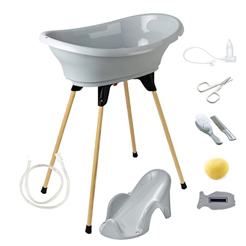 THERMOBABY - Set de baño para bebé - Vasco - Bañera, pata de madera & Tubo de desagüe - Innovación patentada - Plegable & Estable - Puede incluir una hamaca de baño - Made In France