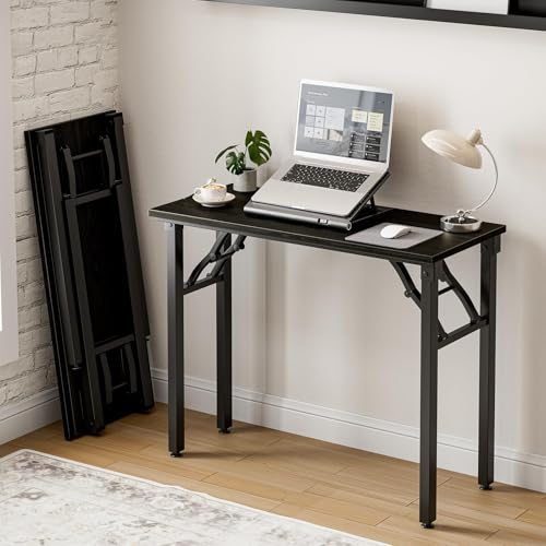 Image of Small Folding Computer Desk - Portable 35.8 Inch Foldable Laptop Table, Collapsible and Compact for Easy Storage and Fast Setup, Lightweight for Small Spaces, Craft and Study Use, Dark Oak
