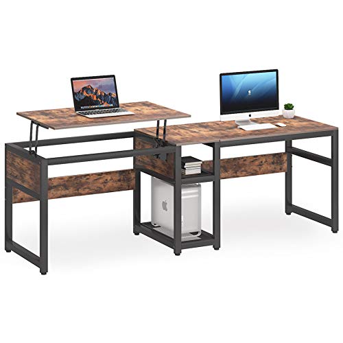 Tribesigns Height Adjustable Computer Desk with Lift Top, 78.8 inch Double Office Desk Large Two Person Writing Table Workstation with Storage Shelves for Home Office