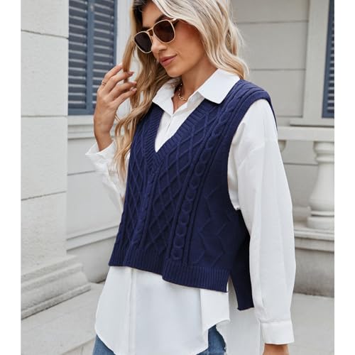 Image of Blostirno Women's Sweater Vest V Neck Sleeveless Casual Ribbed Cable Cropped Pullover Vests Argyle Plaid Knit Tank Tops