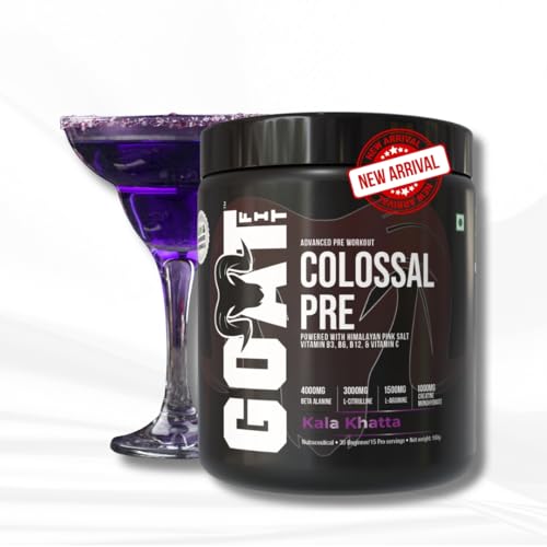 Image of GOAT Fit Colossal Pre | PreWorkout Powder 200mg Caffeine 3.5g Beta-Alanine 3g Citrulline 1.5g Arginine 1g Creatine with Himalayan Pink Salt (180gm - 15 Servings, Kala Khatta)