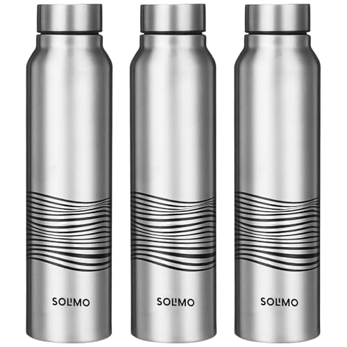 Amazon Brand - Solimo Stainless Steel Bottles (Set of 3) | 970ml Each | 100% Food-Grade | BPA-Free Cap | | Leak & Spill Proof | Ergonomic Grip | For Home & Office Use (Stainless Steel Finish)