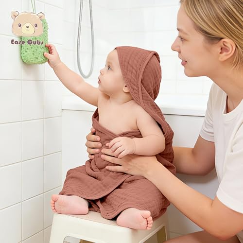 Image of Ease Cubs 3-Pack Muslin Hooded Baby Towels, 100% Cotton, Ultra-Soft & Absorbent Baby Bath Towels with Hood for Babies, Infant, Toddler and Newbron (Bean Paste Series,32 inch x 32 inch)