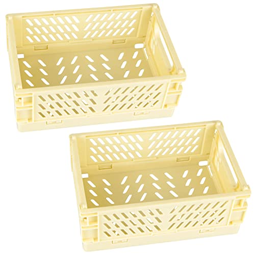 Tixill 2-Pack Mini Foldable Plastic Baskets for Organizing and Storage, Collapsible Storage Crate for Home Kitchen Bedroom Bathroom Office (5.9x3.8x2.2, Yellow)