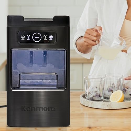 Kenmore Front Load Ice Maker – Machine à glaçons Domestique, Nugget Ice Maker Makes 9 Pebble in 6 Mins, Portable Self‑Cleaning Ice Machine, 26 Lbs/Day, Stainless Steel Black