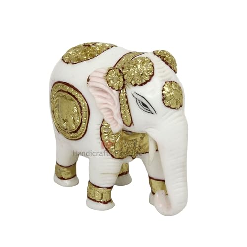 Image of Handicrafts Paradise Culture Marble Elephant Hand Painted with Intricate Carving Showpiece for Home Decor - 3 inch