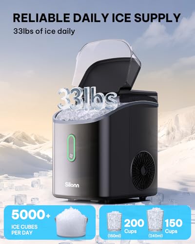 Silonn Nugget Ice Maker Countertop, Pebble Ice Makers with Crushed Soft Chewable Ice, 33lbs Per Day with Scoop, Pellet Portable Ice Machines with Auto-Cleaning for Home, Kitchen, Office, Black