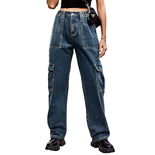 Baggy Cargo Jeans for Women Teen Girl Y2k High Waisted Flap Pocket Baggy Straight Wide Leg Jeans Denim Pants