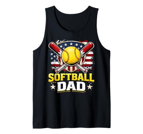 Men Softball Dad USA American Flag Patriotic Father's Day Tank Top