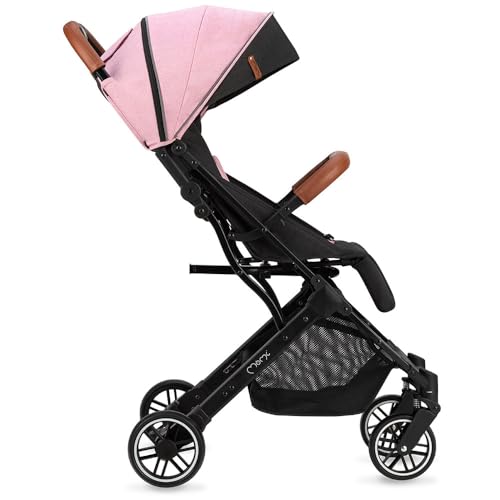 MoMi ESTELLE Kinderwagen ab 6. Monat (bis 15 kg), klappbarer Buggy mit 5-Punkt-Sicherheitsgurt, Einkaufskorb und Liegefunktion, Teleskop-Stange zum Ziehen, steht nach dem Zusammenklappen