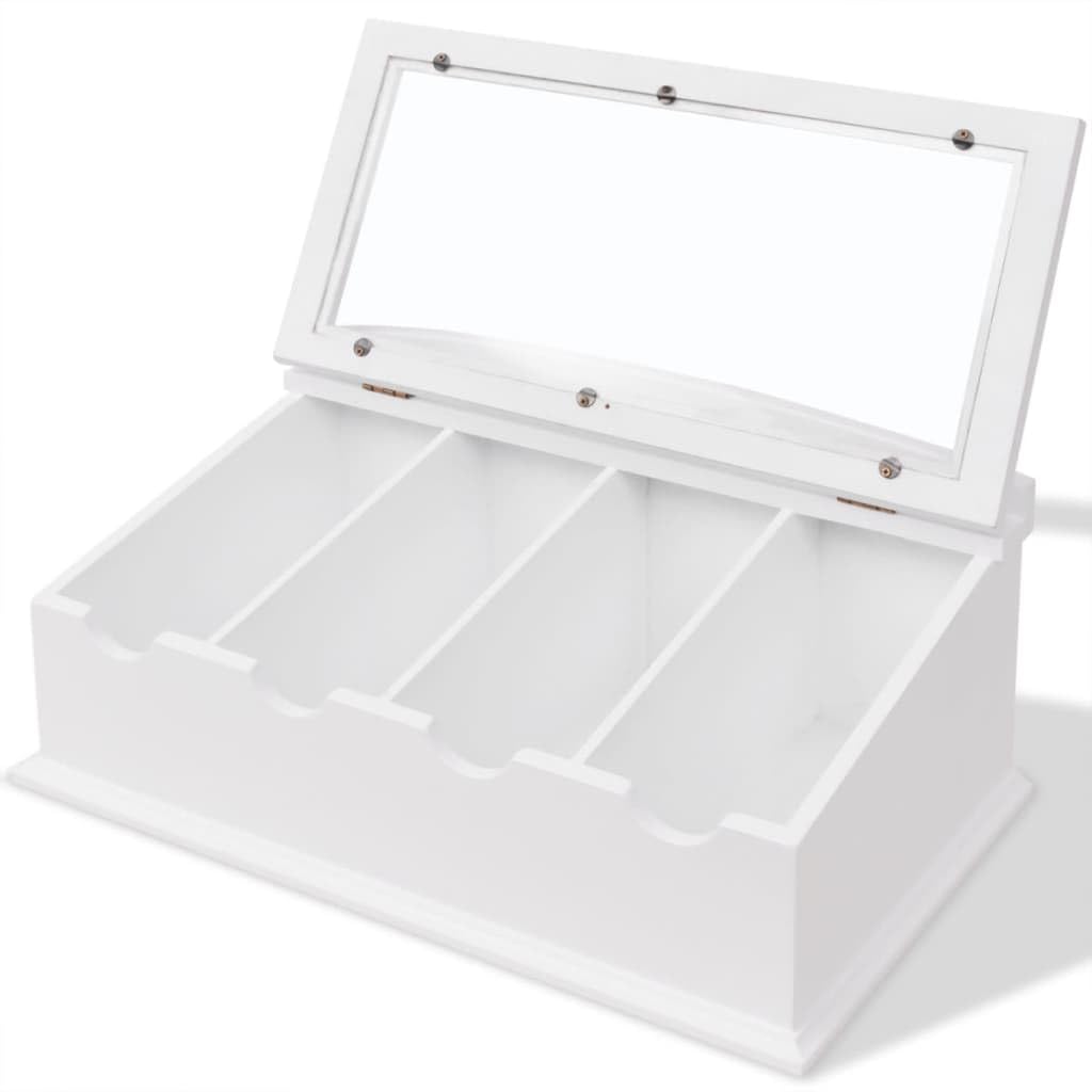 Cajón para cubiertos de madera de densidad media, color blanco, estilo barroco, con tapa de cristal, 47 x 27 x 21,5 cm, 4 compartimentos grandes, organizador para cubiertos, cuchillo
