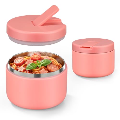 Image of Pawtong 12oz Insulated Vacuum Food Jar with Buckle Lid Wide Mouth Soup Thermo for Hot Food Kids Leakproof Stainless Steel Lunch Container- Pink- 1Pack