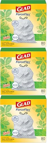 Image of Glad ForceFlex Tall Kitchen Drawstring Trash Bags,13 Gal,Gain Original,80 Ct (Package May Vary),(Pack of 3)