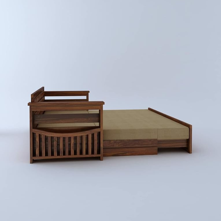 Image of Solid Sheesham Wood Sofa Cum Bed 2 Seater | Wooden Foldable Double Bed for Living Room with Storage | Bed Cum Sofa with Mattress for Home | Full Diamond Design (Honey Finish)