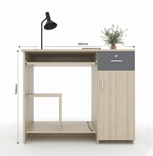 Image of 45x90x76CM Engineered Wood Study & Office Table with Drawer, Cabinet Storage & Keyboard Tray | Sturdy, Foldable DIY Multipurpose Table- Acacia Light with Grey
