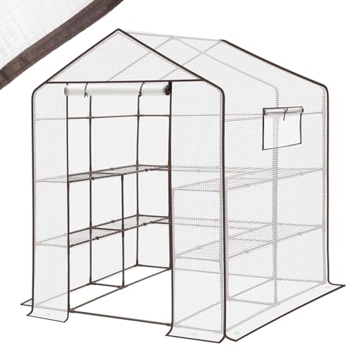 Sekey Gewächshaus 200x145x145 cm, Foliengewächshaus Stabil, Gewächshaus Balkon mit 10 Regalböden für optimales Pflanzenwachstum, Weiß, XXL
