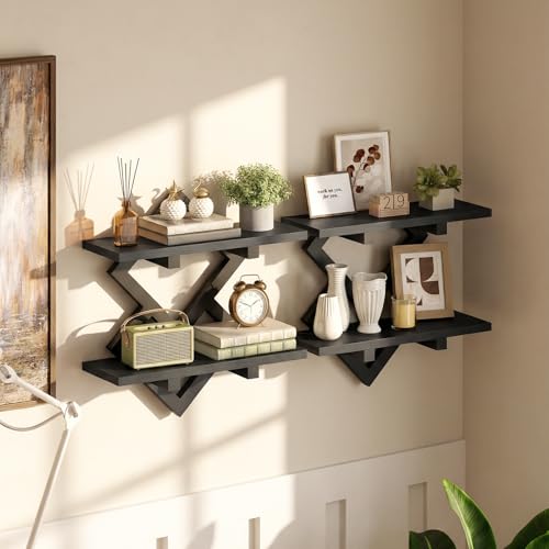 Image of HOOBRO 15 inch Floating Shelves for Wall, Set of 2 Wall Shelf, 2-Tier Hanging Shelves, Wall Mounted Storage Shelf, Display Rack, for Living Room Bedroom Kitchen Bathroom, Black BB14BJP201