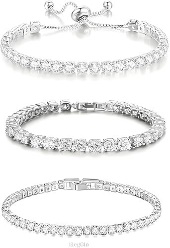 14K Silver Plated Tennis Bracelet Set Cubic Zirconia Classic Adjustable Bracelet Silver Bracelets for Women Birthday Mother's Day Wedding Gift