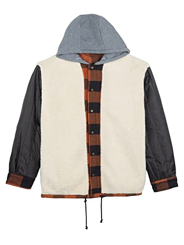 Image of COEVALS CLUB Men's Flannel Fleece Sherpa Quilted Lined Plaid Snap Work Shirt Jacket /Hooded
