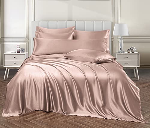 Image of Ersmak 7 Pieces Satin Sheets Set California King Size, Luxury Silky Champagne Satin Bed Sheets Set with 1 Deep Pocket Fitted Sheet, 1 Soft Flat Sheet, 4 King Pillowcases and 1 Body Pillowcase