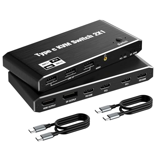 Image of MICROWARE USB C KVM Switch 2-Port, 8K@60Hz, 4K@120Hz, 100W PD, Black, Push Button, Manual Operation
