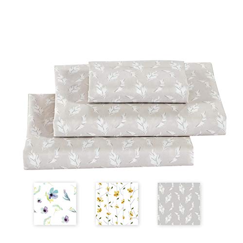 softan King Bed Sheet Set, 4 PC Feather Printed Brushed Microfiber Elegant Bedding