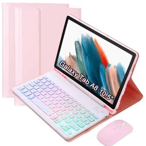 VLEAQC Keyboard Case with Mouse for Samsung Galaxy Tab A8 10.5 2022 (SM-X200/X205/X207) Backlit Detachable Lightweight Keyboard Multi-Angle Stand Case with Pencil Holder (Pink)