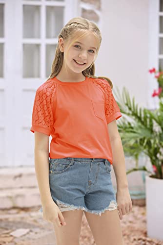 Image of Girls Summer Short Sleeve Shirts Lace Casual Cute Crew Neck Solid Color Blouses Tops Sizes 6-15 Years