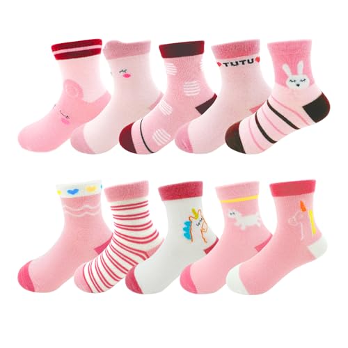 YANWANG 10 Pares de Calcetines para Niños Niñas Algodón Lindo 1-10 años(L:5-7 años,Pink Unicorn)
