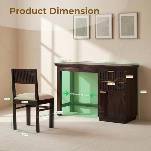 Image of NSH Solid Sheesham Wood Study Table with Chair | Wooden Writing Desk with Drawer & Door Storage | Pre-Assembled Computer Desk Workstation for Home Office & Study Room | Walnut Finish