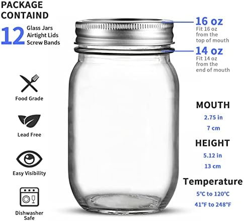 Luvan 12 Pack Glass Mason Jars 475ml Regular Mouth Preserve Jars with Lids and Bands ,BPA-Free and Lead-Free, for Food Storage,Canning ,Fermenting