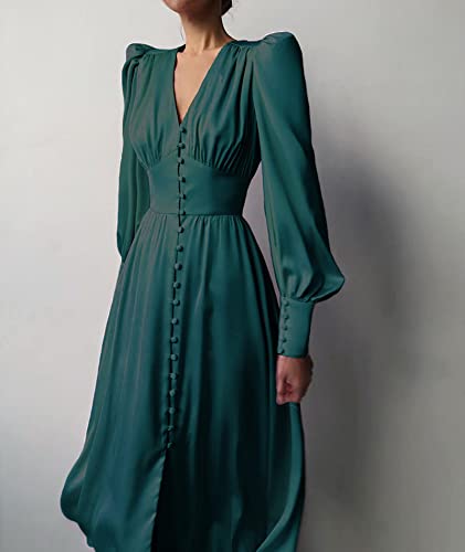 xxxiticat Women's Puff Sleeve Satin Maxi Dress Long Lantern Sleeve Button Down Ruffle Single Breasted Vintage Midi Dresses4