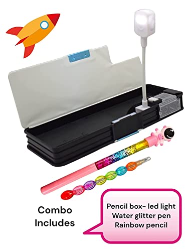 Solander Cute Stylish Geometry Magnetic Lock Closure Box LED Torch Light lamp, Pen & Pencil I Astronaut Rocket Theme Stationary Organizer School Stationary for Girls, Boys Kids