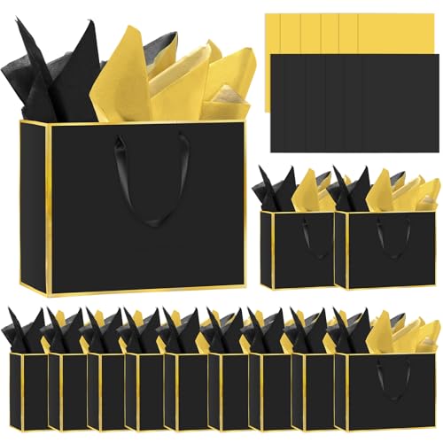 Epoesch 12 Pack Black Gift Bags with Handles Includes 24 Tissue Paper 11.8x10x4 Elegant 5 Senses Gift Bags for Wedding Bridesmaids Groomsmen Guests Easter Fathers Day Holidays (Black Gold)