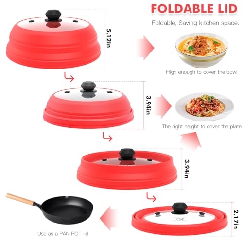 Image of Microwave Splatter Cover Vented Glass Splatter Guard Lid with Collapsible Silicone for Food as Pot Cover Plate 10.8 inch for 6 7 8 9 10 inch Plate Bowl Red